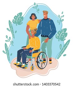 Vector cartoon illustration of family or group of friends with disable girl in wheelchair. Friendship and care concept. Man and woman. Handicapped daughter.