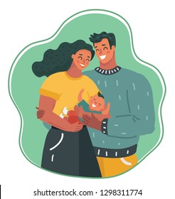 Vector cartoon illustration of Family. Happy young married couple with toddler baby son.