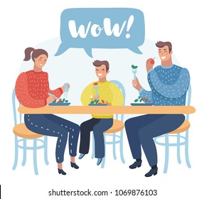 Vector Cartoon Illustration Of Family Have A Lunch. Father, Mother And Son Sitting In The Kitchen And Having A Meal Together. Wow Banner In Bubble Speech Shape Above.