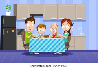 Vector cartoon illustration of family having meal in the kitchen