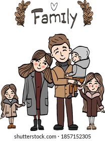 Vector cartoon illustration of family, family look, happy family with children, dad, mom, son, daughters