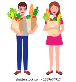 Vector cartoon illustration with family man and woman holding eco paper grocery bags with fresh healthy organic food isolated on white background. Caring for the environment concept. Eco-food shopping