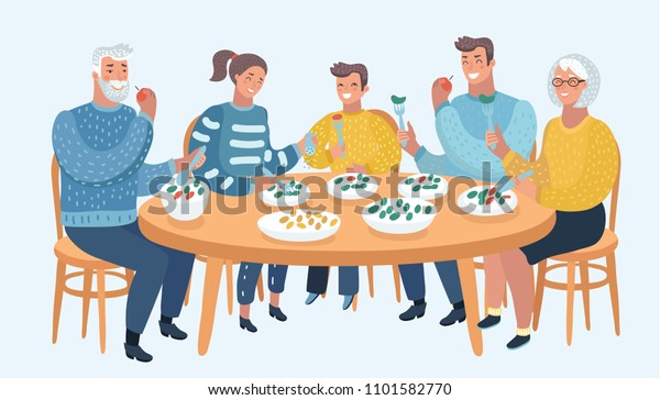家族で食べる食事のベクターイラスト 父母と子と娘 祖父が一緒にテーブルに座って昼食を取る 3世代 白い背景に人物 のベクター画像素材 ロイヤリティフリー