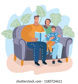 Vector cartoon illustration of Family. Mom, dad and son reading story book together sitting on the couch. Happy parents with their kid. Human characters.