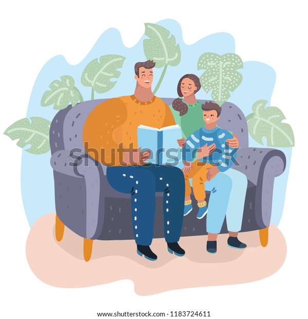 ファミリーのベクター画像イラスト ソファに座って お父さんと息子が一緒に物語の本を読んでいる 幸せな両親と子ども 人間のキャラクター のベクター画像素材 ロイヤリティフリー