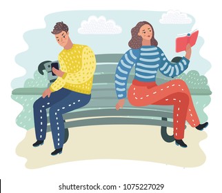 Vector cartoon illustration of family in nature landscape sitting on bench in the park. Happy Woman read the book, Sad Man look at his phone. Opposites human characters