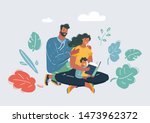 Vector cartoon illustration of a Family Reading a Book Together. Father, mother and their son. Human characters on white bacgkround.