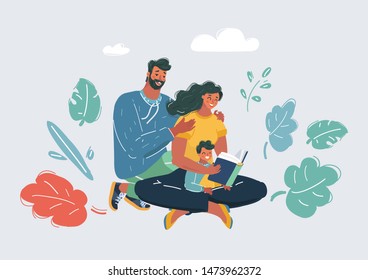 Vector cartoon illustration of a Family Reading a Book Together. Father, mother and their son. Human characters on white bacgkround.