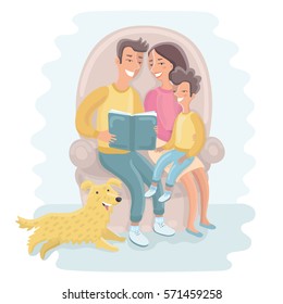 Vector cartoon illustration of a Family Reading a Book Together. Mother, father, son and dog.