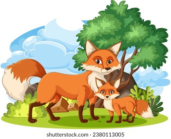 A vector cartoon illustration of a family of red foxes in their natural habitat