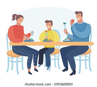 Vector cartoon illustration of Family take meal around table. Happy daddy, mom and their son sitting together on lunch in home or cafe. Young Parents and children smile and laughing.