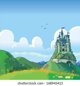 Vector cartoon illustration of a fantasy background with rolling green hills and a castle in the distance.