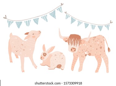 Vector cartoon illustration with farm animals: goat, rabbit and cow. Vegan friendly animal illustration.