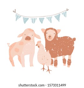 Vector cartoon illustration with farm animals: chicken, pig and sheep. Vegan friendly animal illustration.