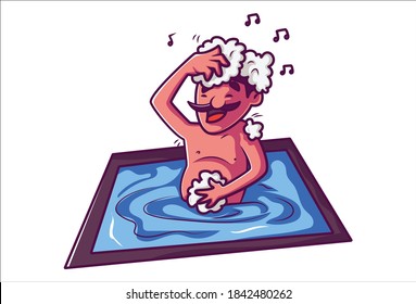 Vector cartoon illustration. Farmer is bathing and singing. Isolated on white background.