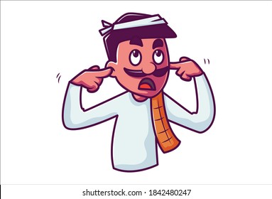 Vector cartoon illustration. Farmer is closing ears with his fingers. Isolated on white background.