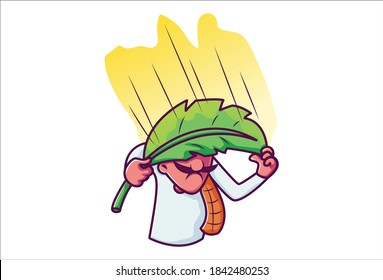 Vector cartoon illustration. Farmer is covering his head with a leaf in the rain. Isolated on white background.