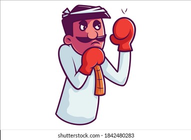 Vector cartoon illustration. Farmer is wearing boxing gloves and ready for fight. Isolated on white background.
