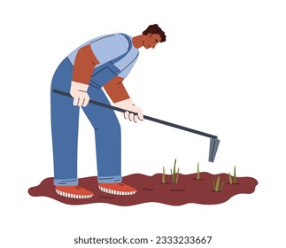 Vektorgrafik von Bauern, die im Garten mit einem Haus arbeiten. Loosening, Hügel, Anbau des Landes für eine bessere Ernte einzeln auf weißem Hintergrund