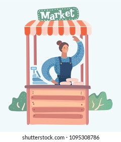 Vector cartoon illustration of Farmer's market stall and woman. Female street vendors wave by her hands to somebody. Human characters on white background.