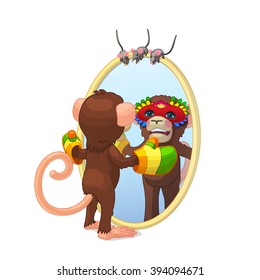 vector Cartoon illustration fashion-monger monkey and  mirror. Clip art isolated on white background. EPS 10 without mesh
