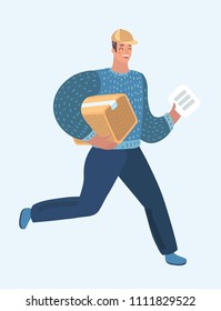 Vector cartoon illustration of Fast delivery. Running courier with a package. Hurrying the man with a box in hand.