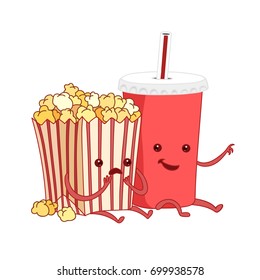 Vector cartoon illustration. fast food. Friends forever. Popcorn, cola, movies, cinema. Comic characters.