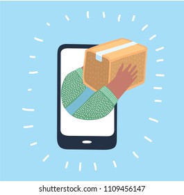 Vector cartoon illustration of Fast Goods Delivery Concept. Hands and Parcels Appeared From Smartphone or Tablet.