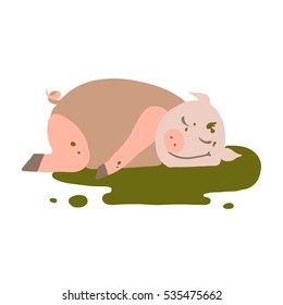 Vector cartoon illustration of a fat careless pink pig lying in muddy dirt, happy and sleeping. Isolated on white background.