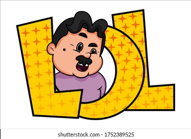 Vector cartoon illustration of a fat man. Lettering text lol, laugh out loud. Isolated on white background.