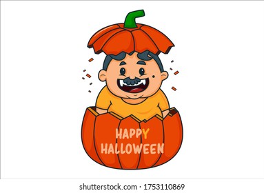 Dibujo vectorial de un hombre gordo saliendo de la calabaza. Dejando texto feliz Halloween.  Aislado sobre fondo blanco.