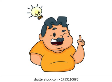 Vector cartoon illustration of a fat man with an idea. Isolated on white background.