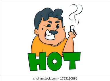 Vector cartoon illustration of a fat man with a cigarette. Lettering text hot. Isolated on white background.