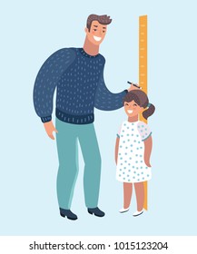 Vector cartoon illustration of father measuring girl kid height with painted graduations on the wall arrow. Modern style character isolated on white background.