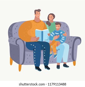 Vector cartoon illustration of Father reads a fairytale - cartoon people characters to mother and they son. Young smiling family with child is sitting on a sofa holding a book. Happy family concept.
