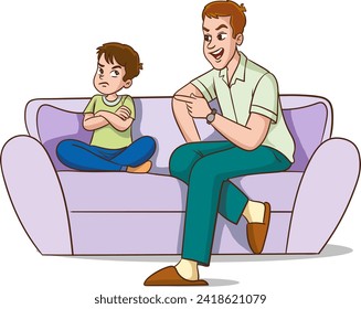 Vector cartoon illustration of father scolding His Son. Angry Dad Yells at Little Sad Kid. Angry parent. Wrong education, psychology.