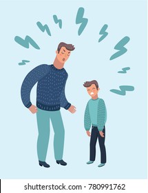 Vector cartoon illustration of father scolding His Son. Angry Dad Yells at Little Sad Kid. Angry parent. Wrong education, psychology.