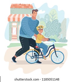 Vector cartoon illustration of Father teaching his son to ride a bicycle for a first time. Man help little boy to riding bicycle. Human characters in outdoor.