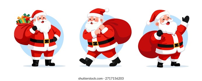 Ilustração de desenhos animados vetoriais apresenta três personagens de Santas com barbas brancas, bochechas rosadas e expressões alegres em poses diferentes usando ternos vermelhos tradicionais, cintos pretos com fivelas de ouro e botas pretas e isoladas sobre fundo branco.