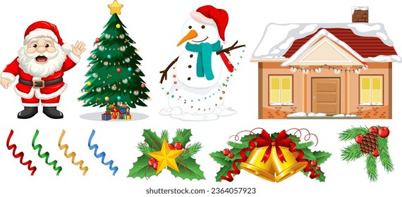 Vector cartoon illustration featuring Christmas objects and an elf