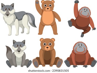 Ilustración de dibujos animados con un perro, un oso y un orangután en un estilo simple