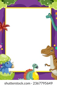 A vector cartoon illustration featuring numerous dinosaurs in a decorative border frame template