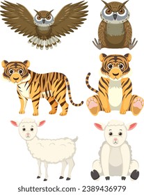 Vector cartoon illustration featuring an owl, tiger, and sheep in a simple style