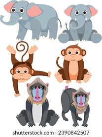 Vector cartoon illustration featuring a set of elephant, monkey, and baboon characters