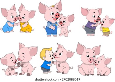 Vector cartoon illustration featuring several cute pig characters interacting in different playful scenes