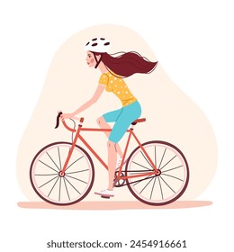 Ilustración de dibujos animados de Vector de una ciclista montada en una bicicleta, una ilustración de una mujer entrenando en una bicicleta, una mujer usando ropa deportiva y un casco, y montando una bicicleta de carreras, aislado en blanco