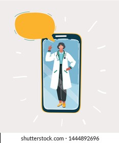 Vector cartoon illustration of Cartoon female doctor with smartphone with speech bubbles