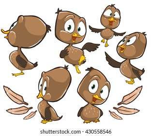 Vector cartoon illustration of female duck character with different poses and emotions.