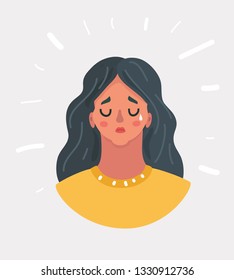 Vector cartoon illustration of Female face in desperate. Close up of poor sad depressed young woman with tear. Going to cry while standing isolate on white background.