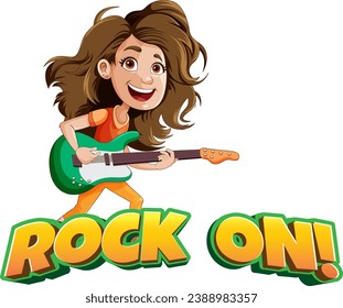 A vector cartoon illustration of a female guitarist with a 'Rock On!' text banner